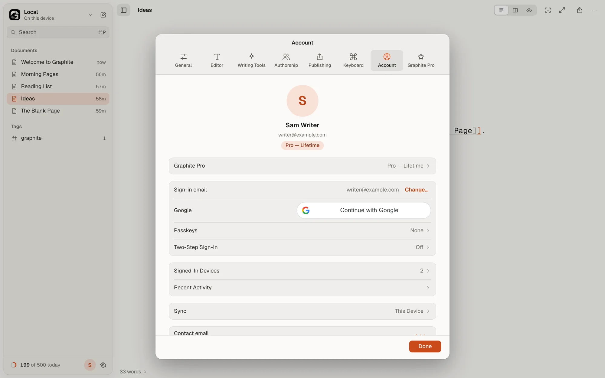 Settings › Account, signed in: name and photo, the Pro trial, sign-in methods, two-step sign-in, signed-in devices and recent activity