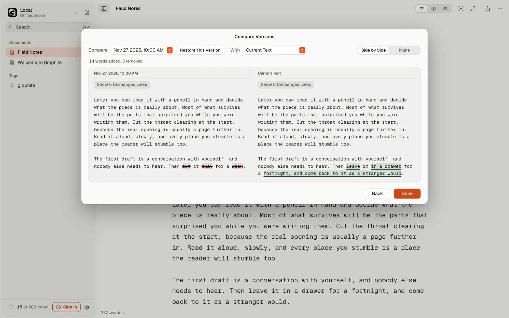 Compare Versions, side by side: an earlier version on the left and the current text on the right, with added and removed words marked
