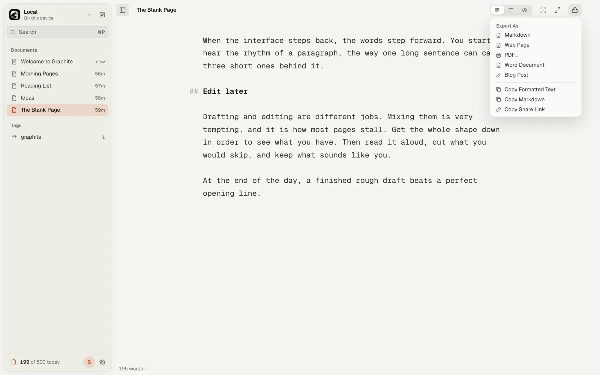 The Share and Export menu