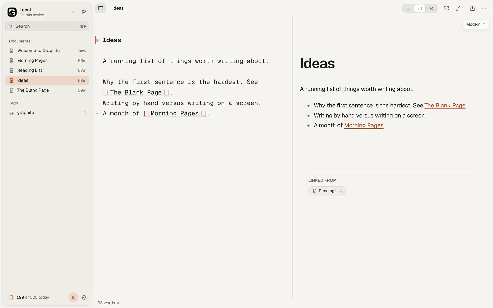 Side by Side: a document with a [[link]] in the editor, and Linked From listing the documents that link to it in the preview