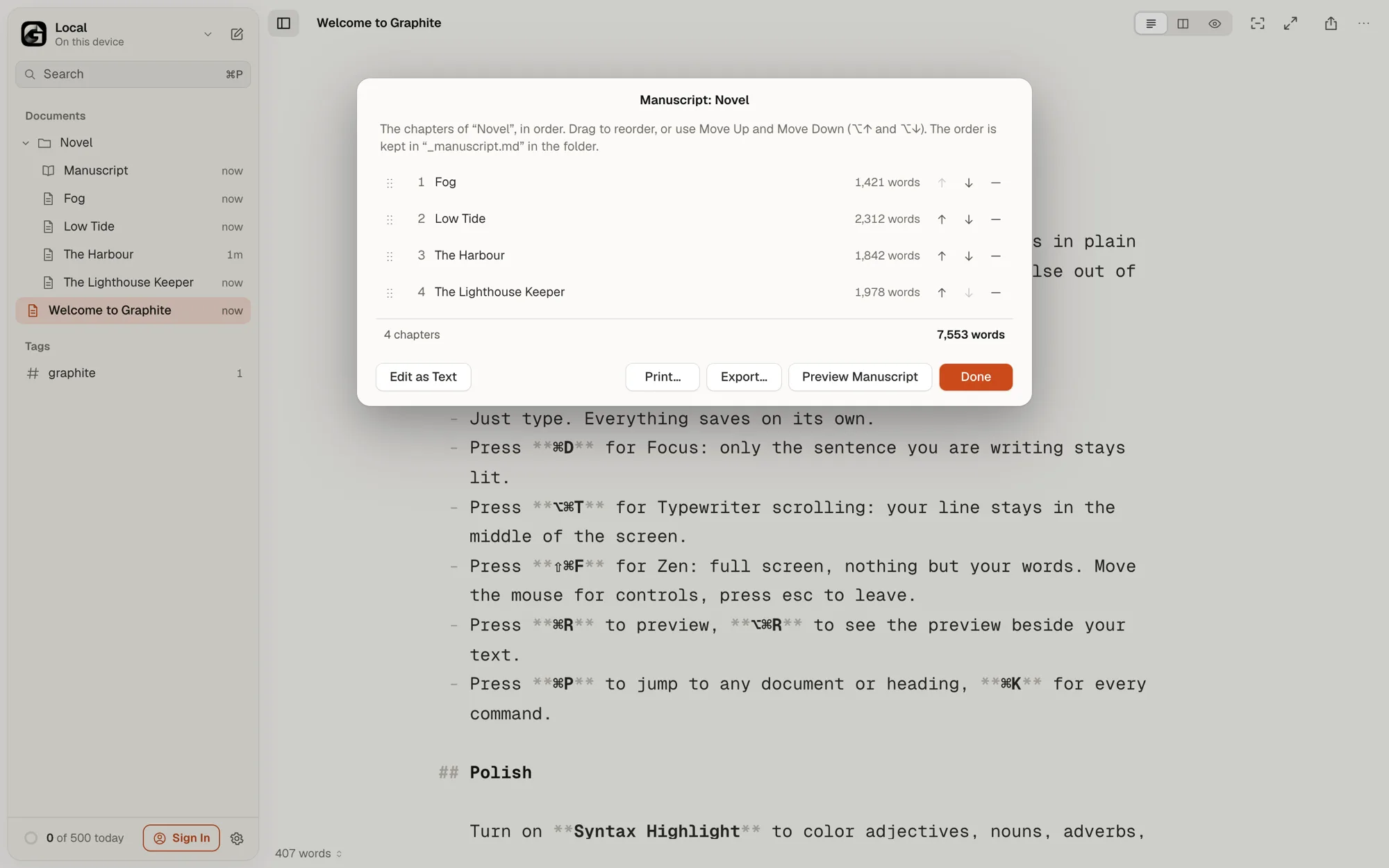 The Manuscript sheet: a folder’s chapters in order, each with its word count, and the total at the bottom
