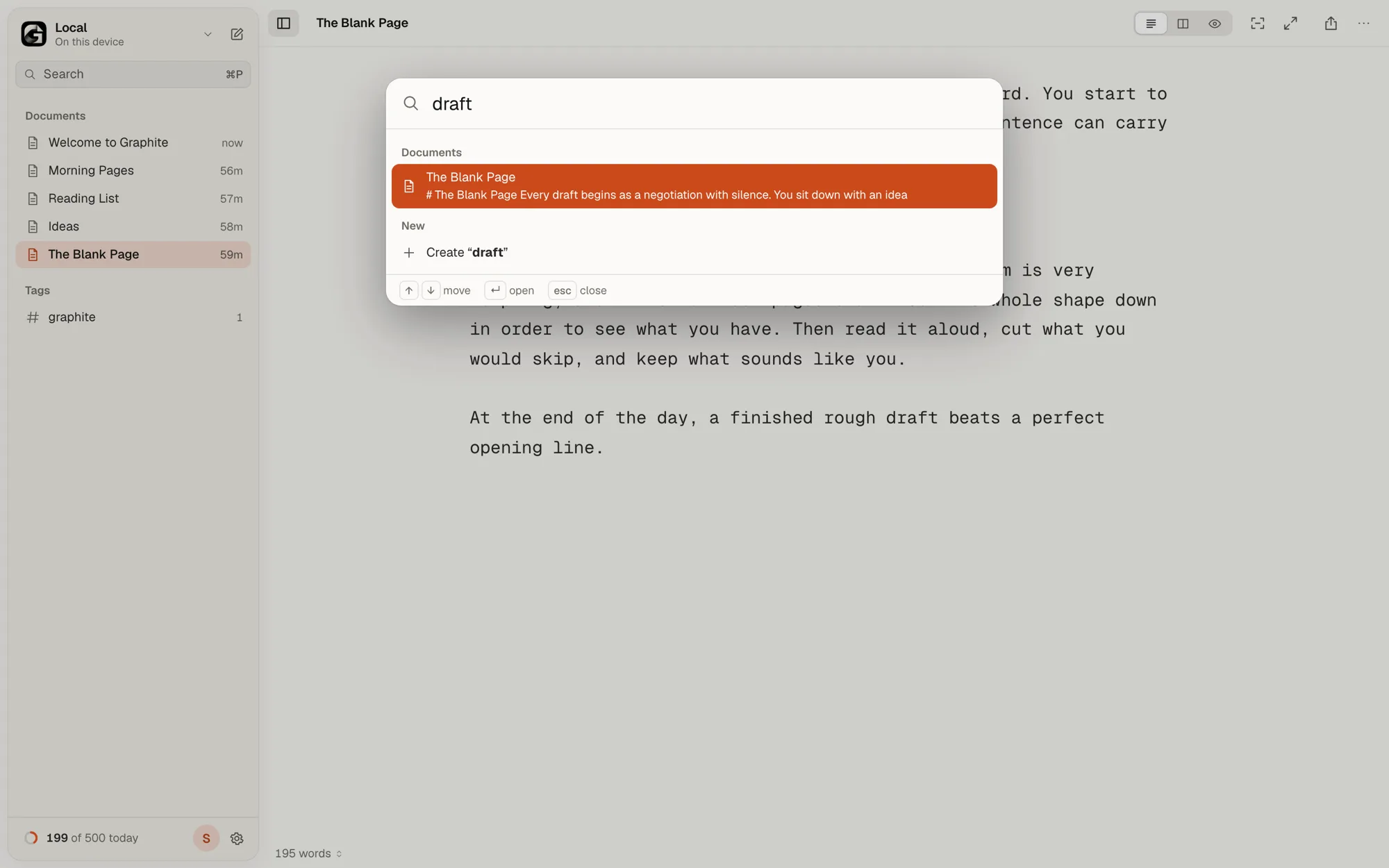 Quick Search showing documents that match “draft”