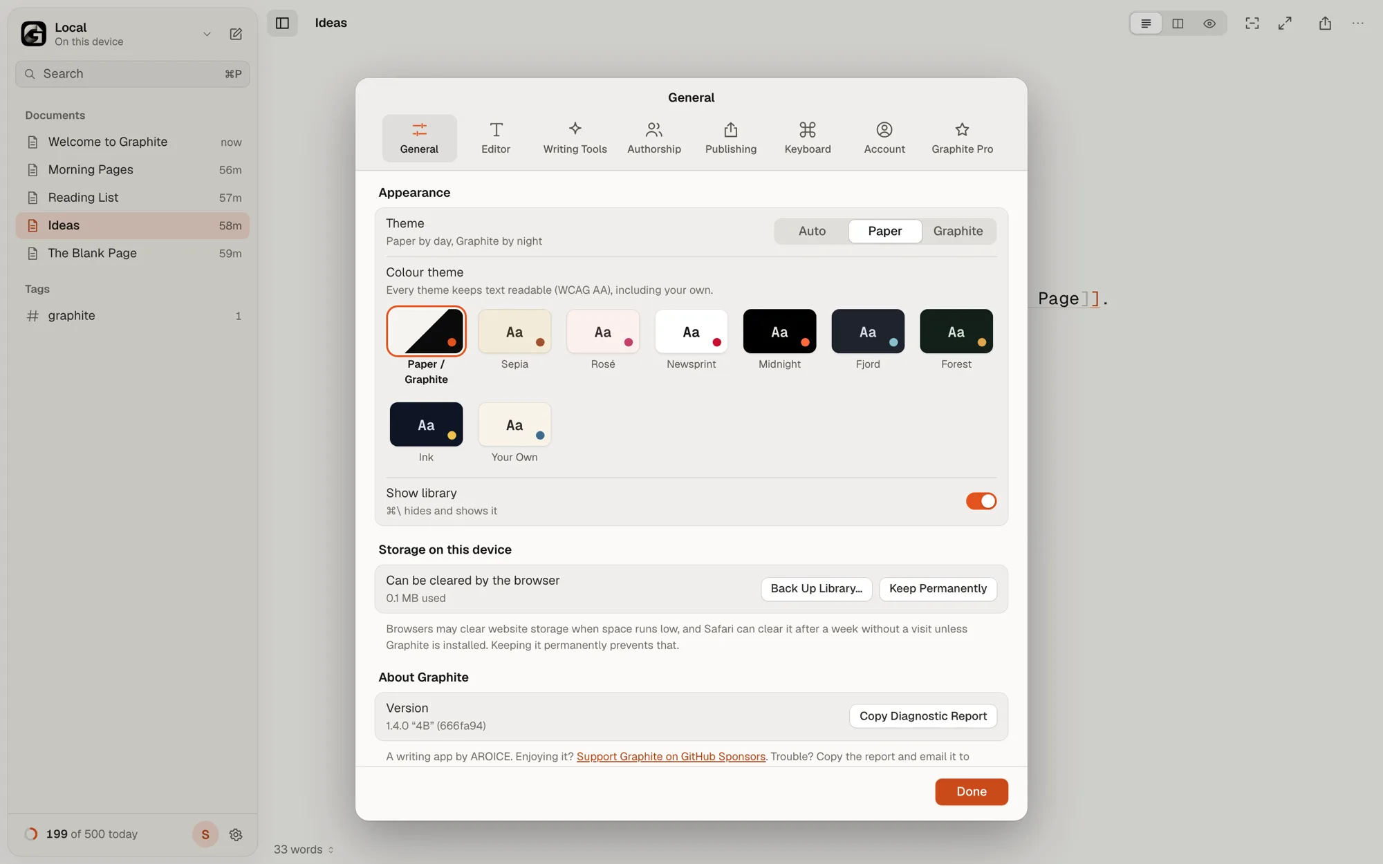 Settings › General with the colour theme swatches